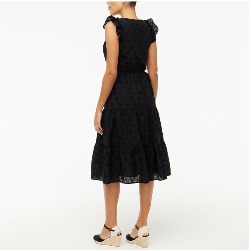 J. Crew Cotton Eyelet Midi Dress Size 2 Black Tiered Pockets Shoulder Ruffles - Picture 6 of 16